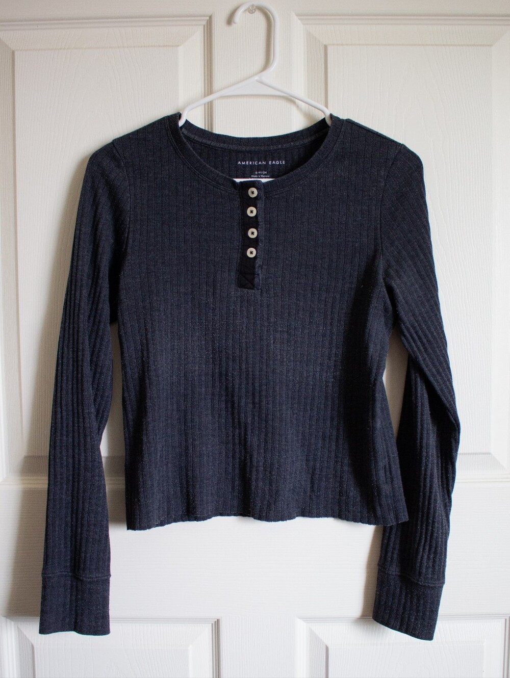 Blue Ribbed American Eagle Cropped Henley